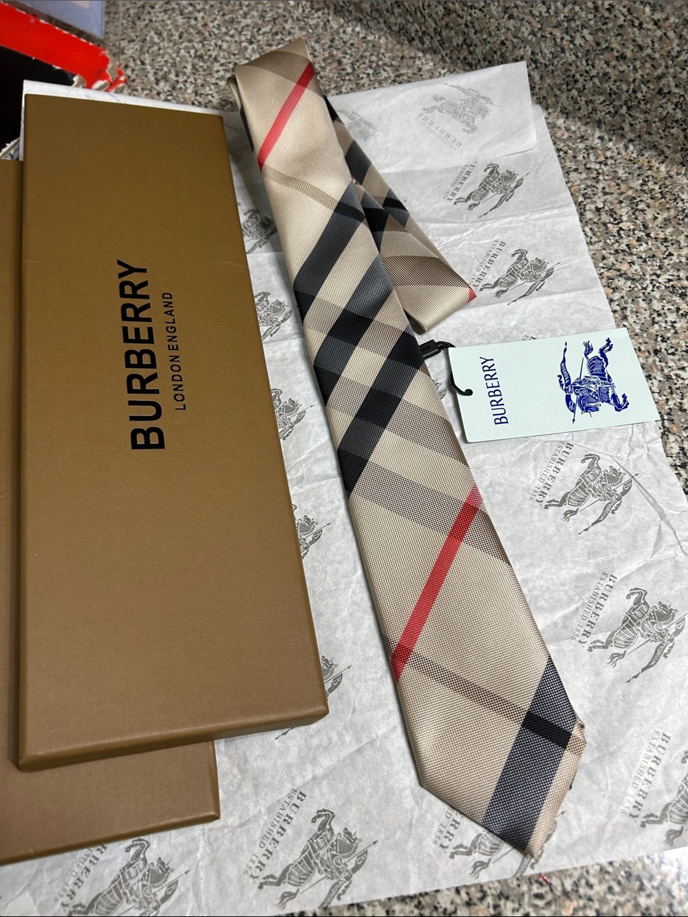 Burberry Beige Vintage Check Silk Tie with Black and Red Stripes